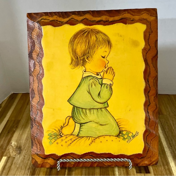 Eva Harta Print Little Child Praying Nursery Art VTG Classic Decoupage on Wood - Picture 1 of 6
